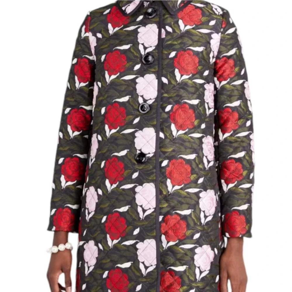Kate Spade New York Sz XL Quilted Floral Rose Jacket Coat Black Pink Red